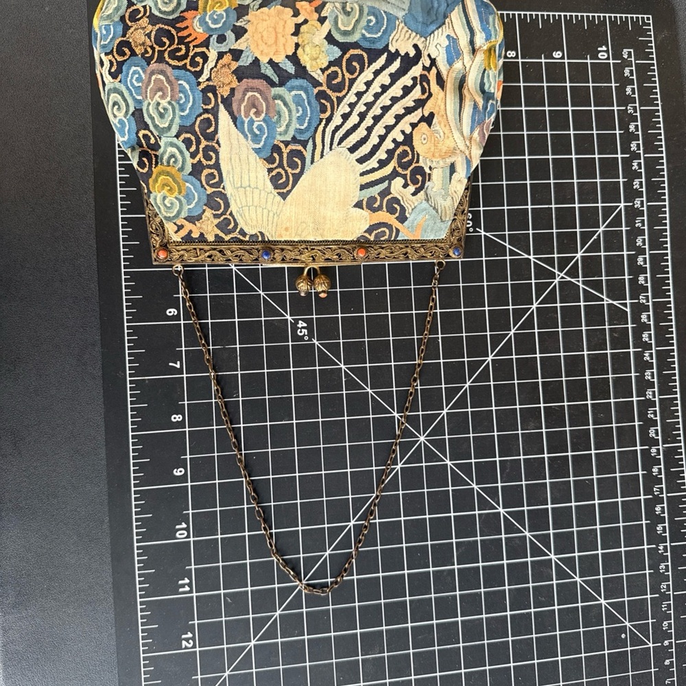 Antique Rare Chinese Woven Kesi Evening Hand Bag Gilt Coral Lapis - Picture 9 of 9